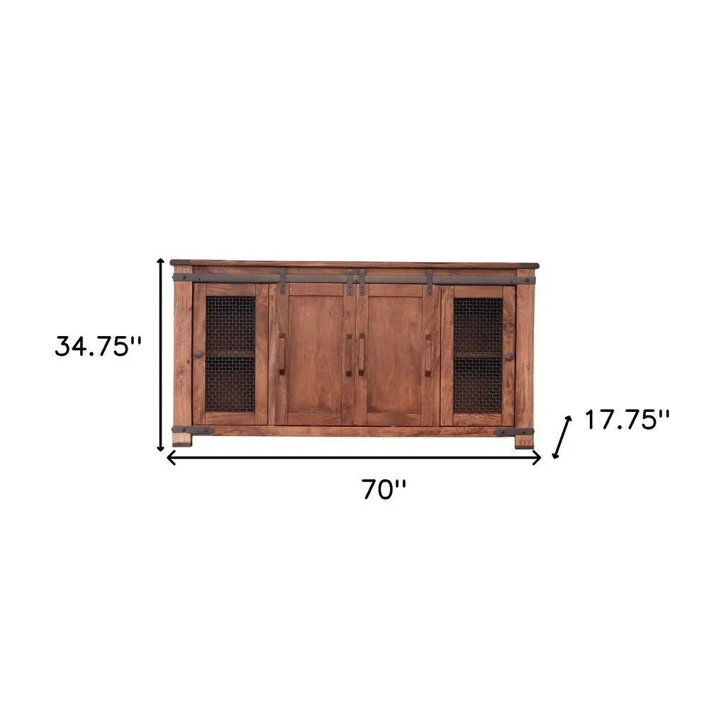 70" Brown Solid Wood Cabinet Enclosed Storage Distressed TV Stand - NOVA HOME FURNITURE