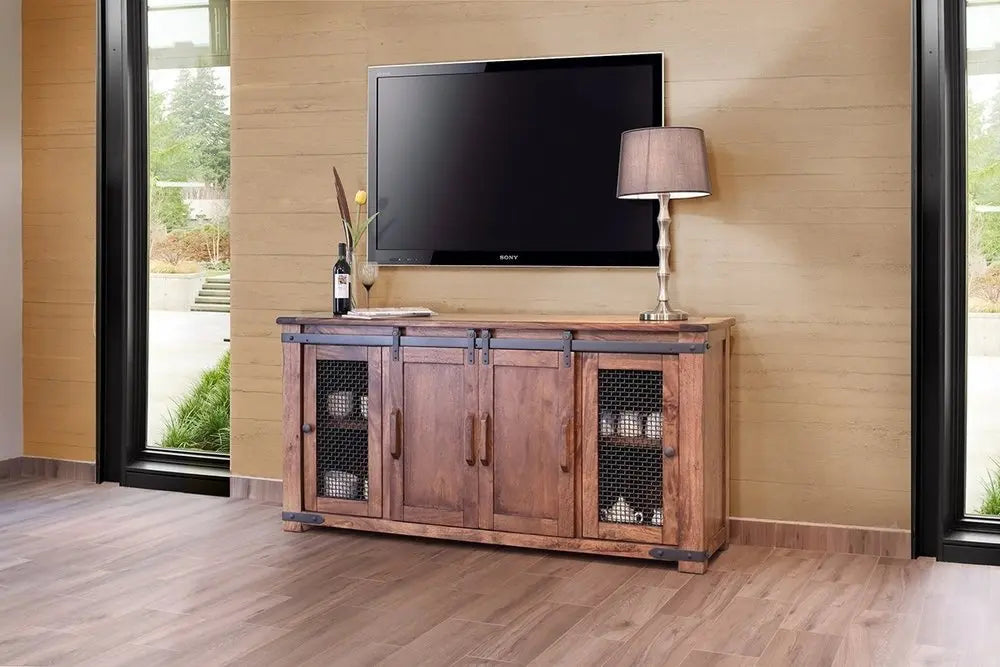 70" Brown Solid Wood Cabinet Enclosed Storage Distressed TV Stand - NOVA HOME FURNITURE