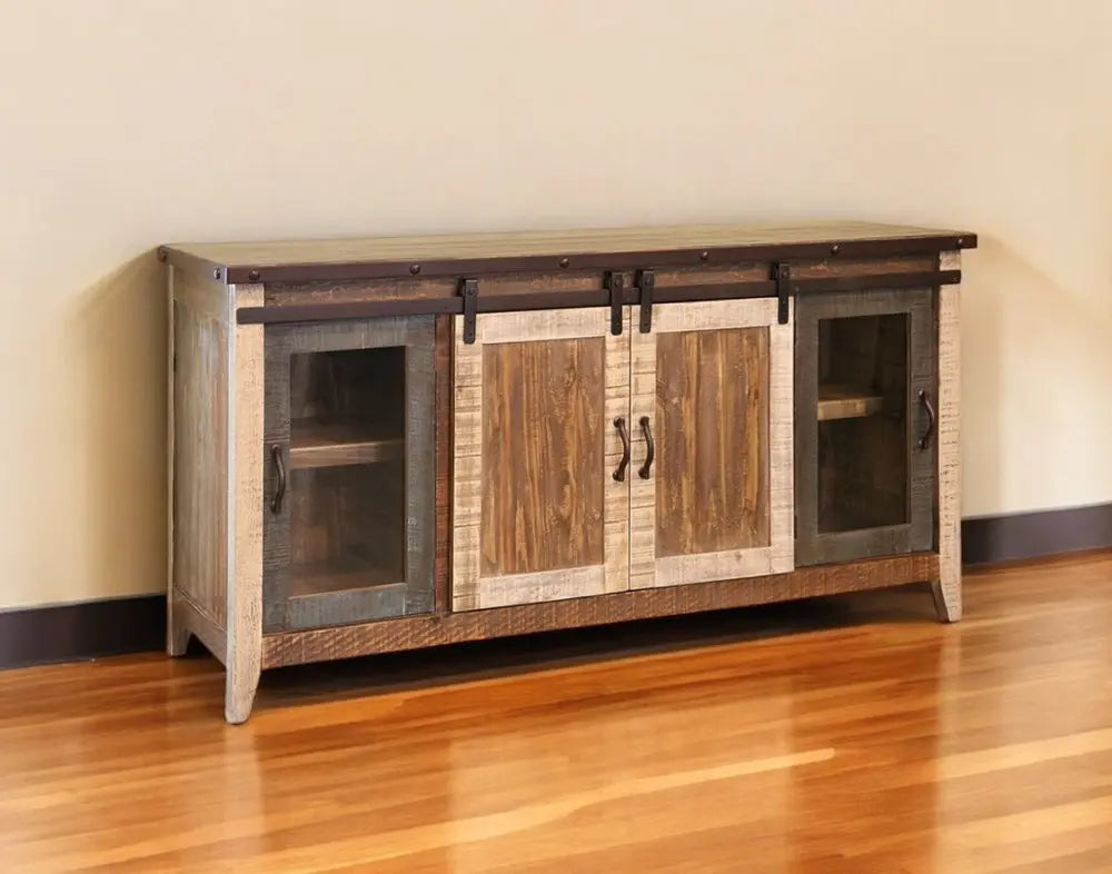 70" Brown Solid Wood Cabinet Enclosed Storage Distressed TV Stand - NOVA HOME FURNITURE
