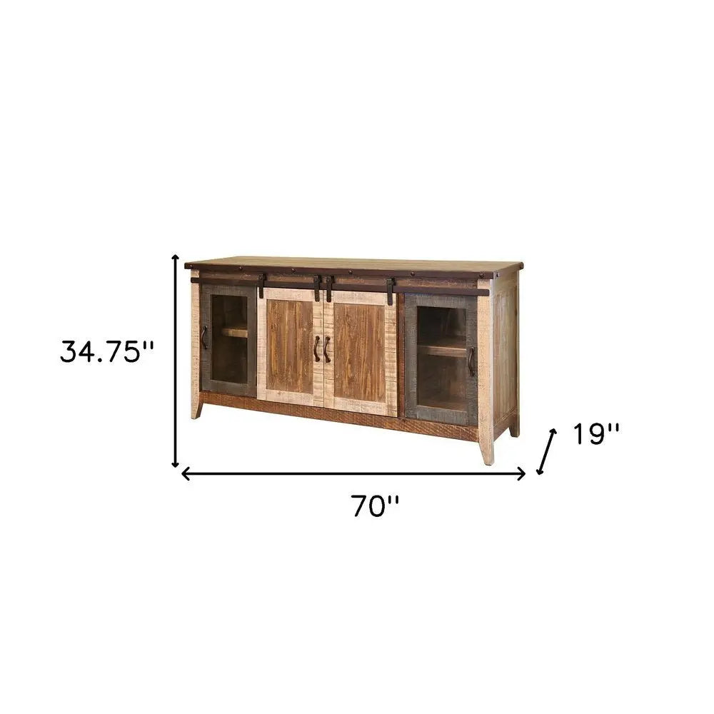 70" Brown Solid Wood Cabinet Enclosed Storage Distressed TV Stand - NOVA HOME FURNITURE