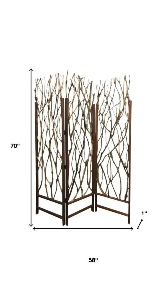70" Brown Wood Branches Folding Three Panel Screen Room Divider - NOBLE HOME INTERIORS