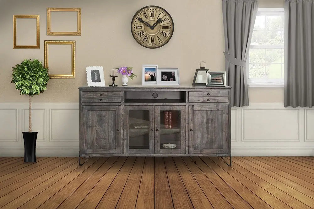 70" Gray Solid Wood Cabinet Enclosed Storage Distressed TV Stand - NOVA HOME FURNITURE