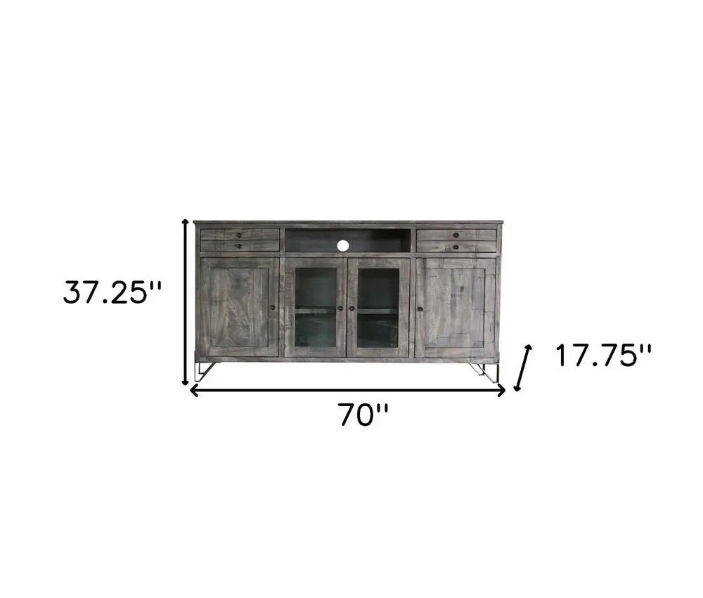 70" Gray Solid Wood Cabinet Enclosed Storage Distressed TV Stand - NOVA HOME FURNITURE