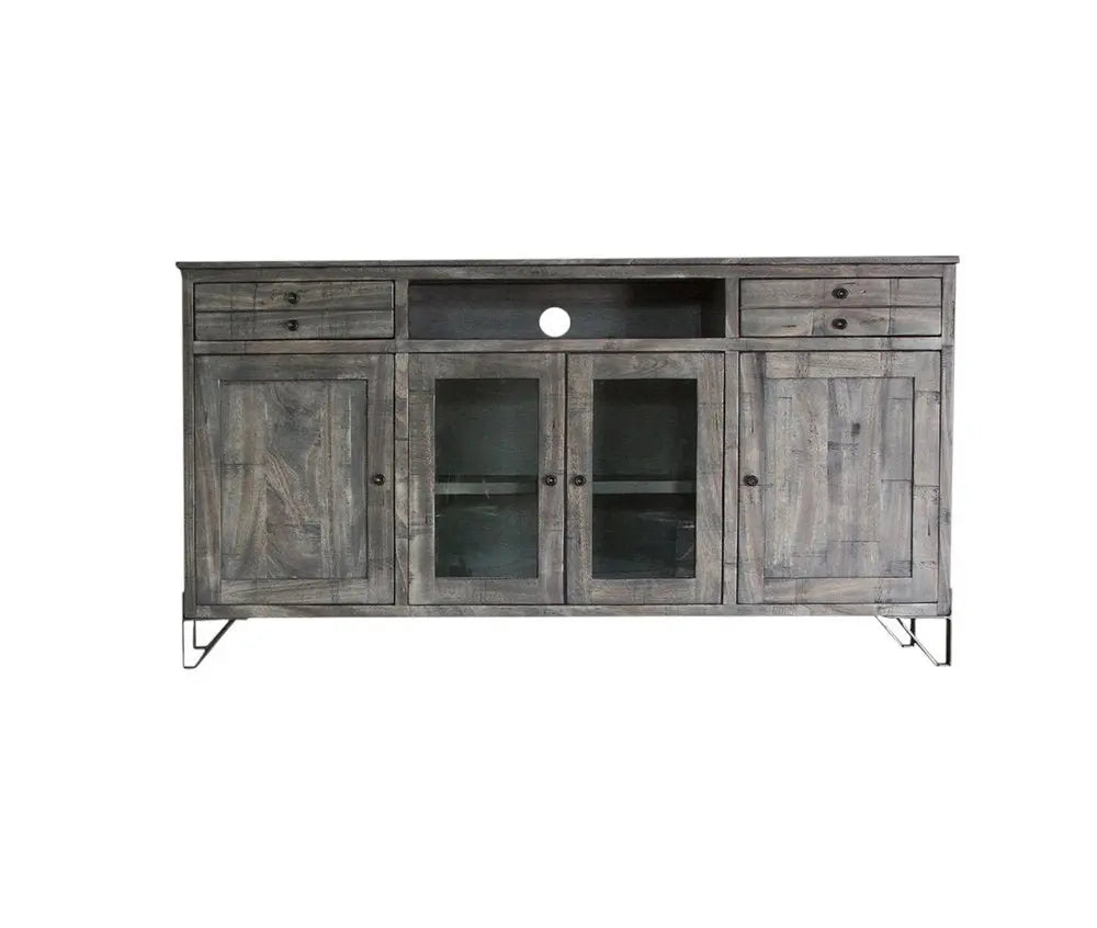 70" Gray Solid Wood Cabinet Enclosed Storage Distressed TV Stand - NOVA HOME FURNITURE