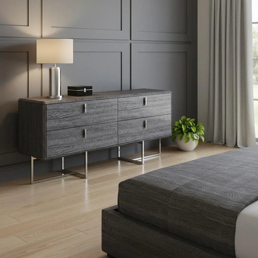 70" Gray Wood Four Drawer Double Dresser - NOBLE HOME INTERIORS