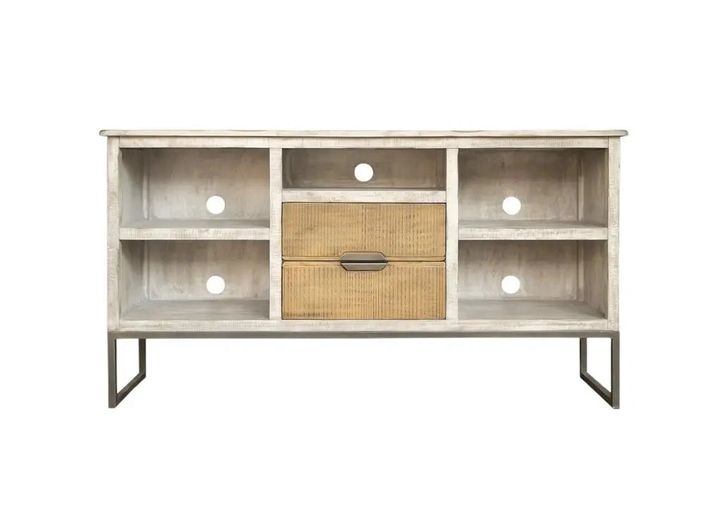 70" Light Gray Solid Wood Open shelving Distressed TV Stand - NOVA HOME FURNITURE