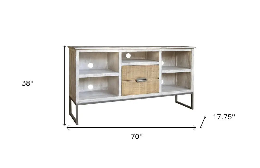 70" Light Gray Solid Wood Open shelving Distressed TV Stand - NOVA HOME FURNITURE