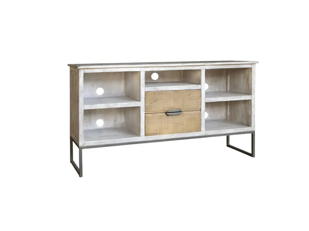 70" Light Gray Solid Wood Open shelving Distressed TV Stand - NOVA HOME FURNITURE