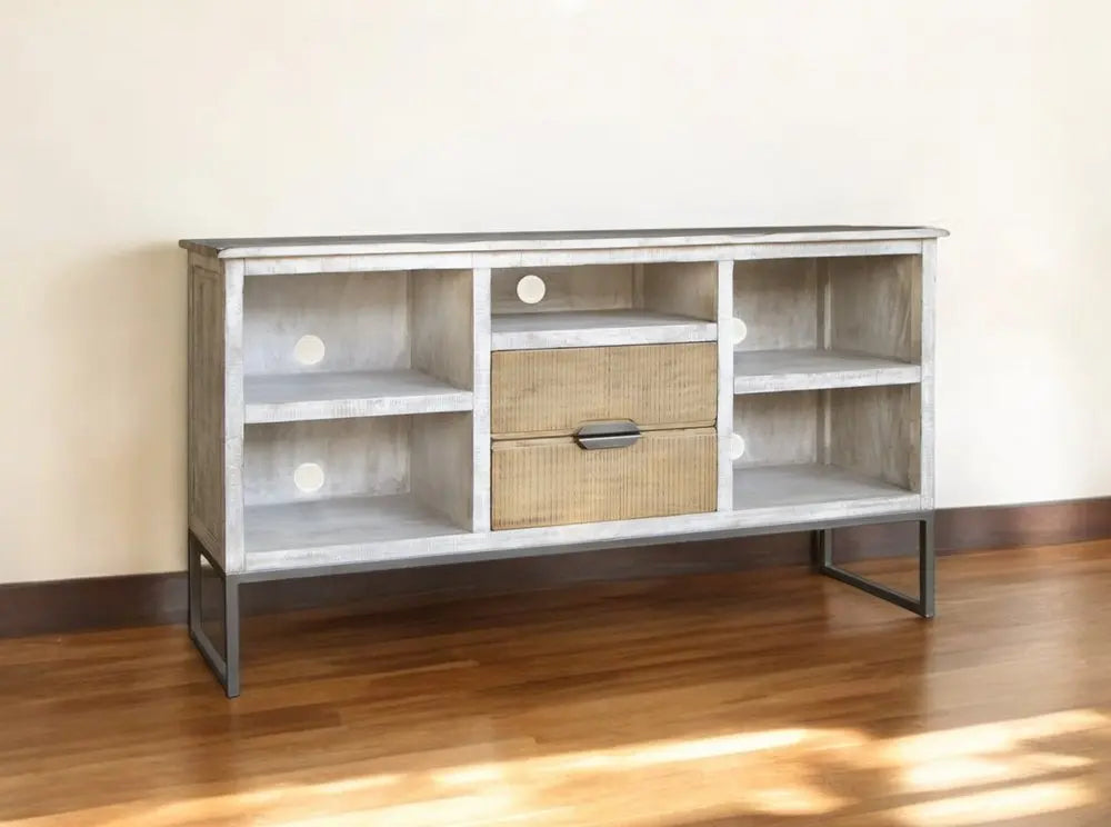 70" Light Gray Solid Wood Open shelving Distressed TV Stand - NOVA HOME FURNITURE