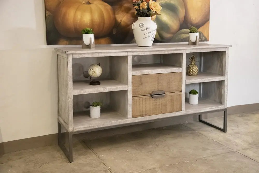 70" Light Gray Solid Wood Open shelving Distressed TV Stand - NOVA HOME FURNITURE