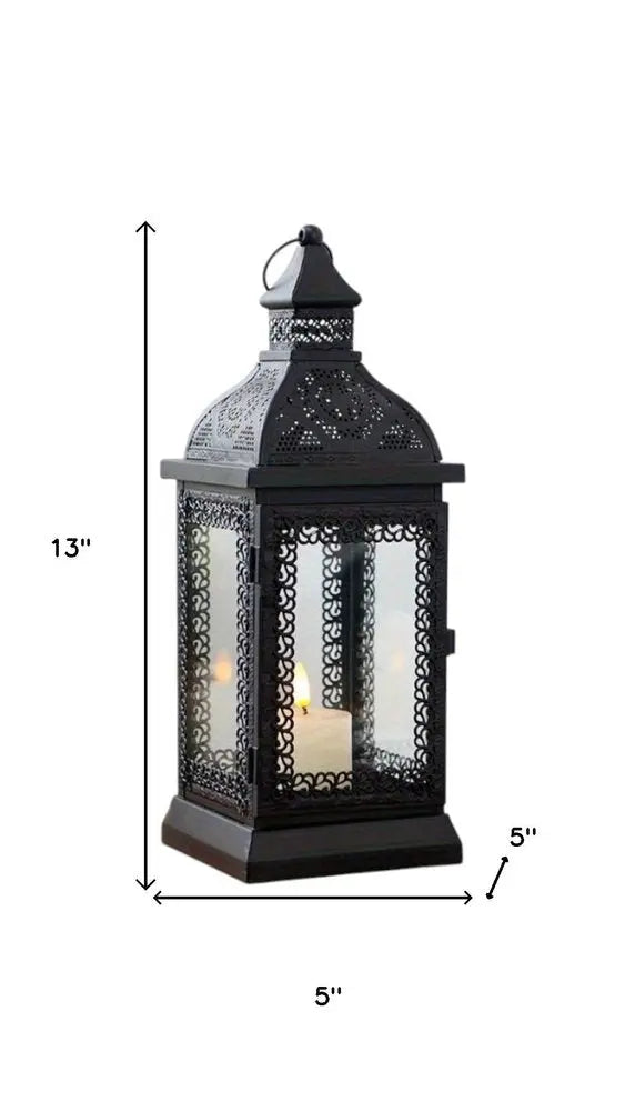 13" Clear And Black Glass And Metal Tabletop Lantern Candle Holder HomeRoots