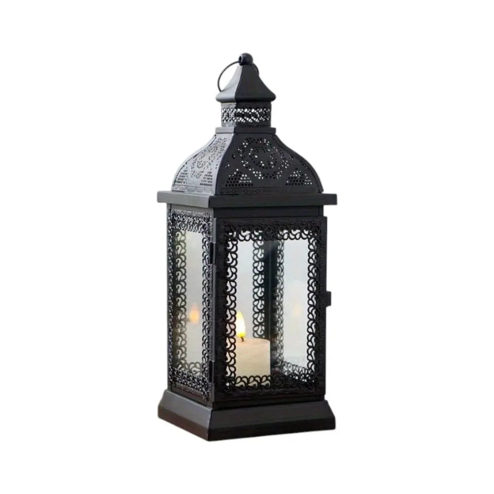 13" Clear And Black Glass And Metal Tabletop Lantern Candle Holder HomeRoots