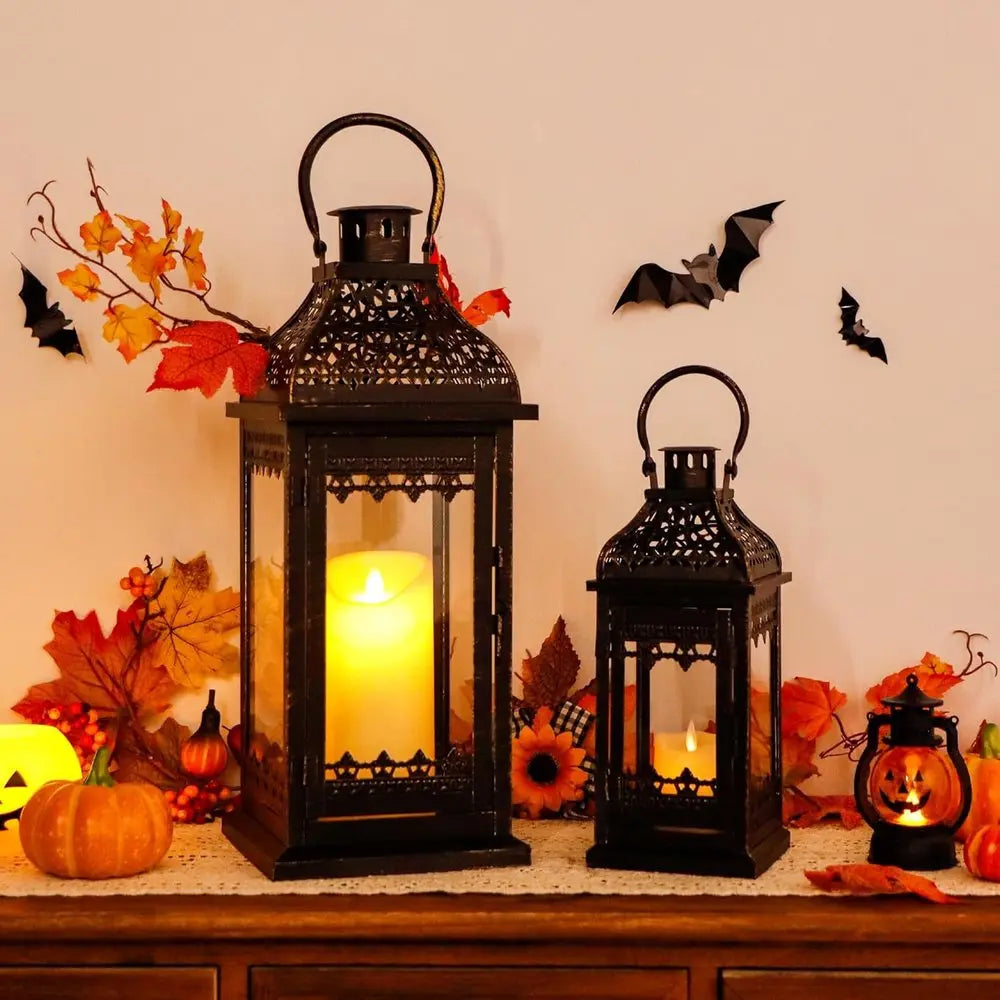 Set of Two Clear And Black Glass And Metal Tabletop Lantern Candle Holders HomeRoots