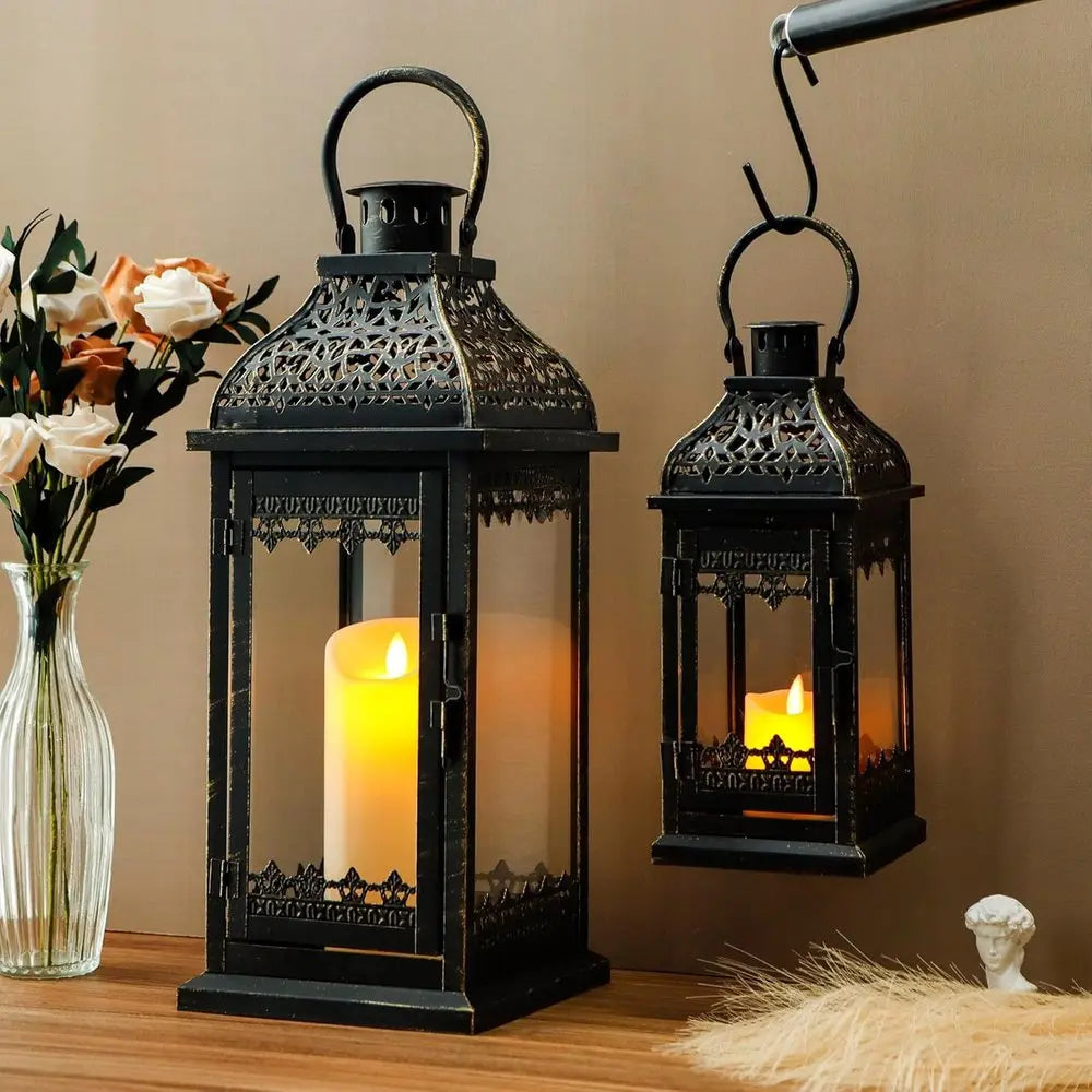 Set of Two Clear And Black Glass And Metal Tabletop Lantern Candle Holders HomeRoots