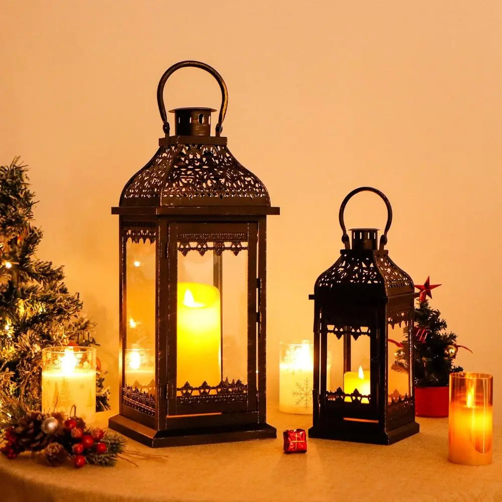 Set of Two Clear And Black Glass And Metal Tabletop Lantern Candle Holders HomeRoots