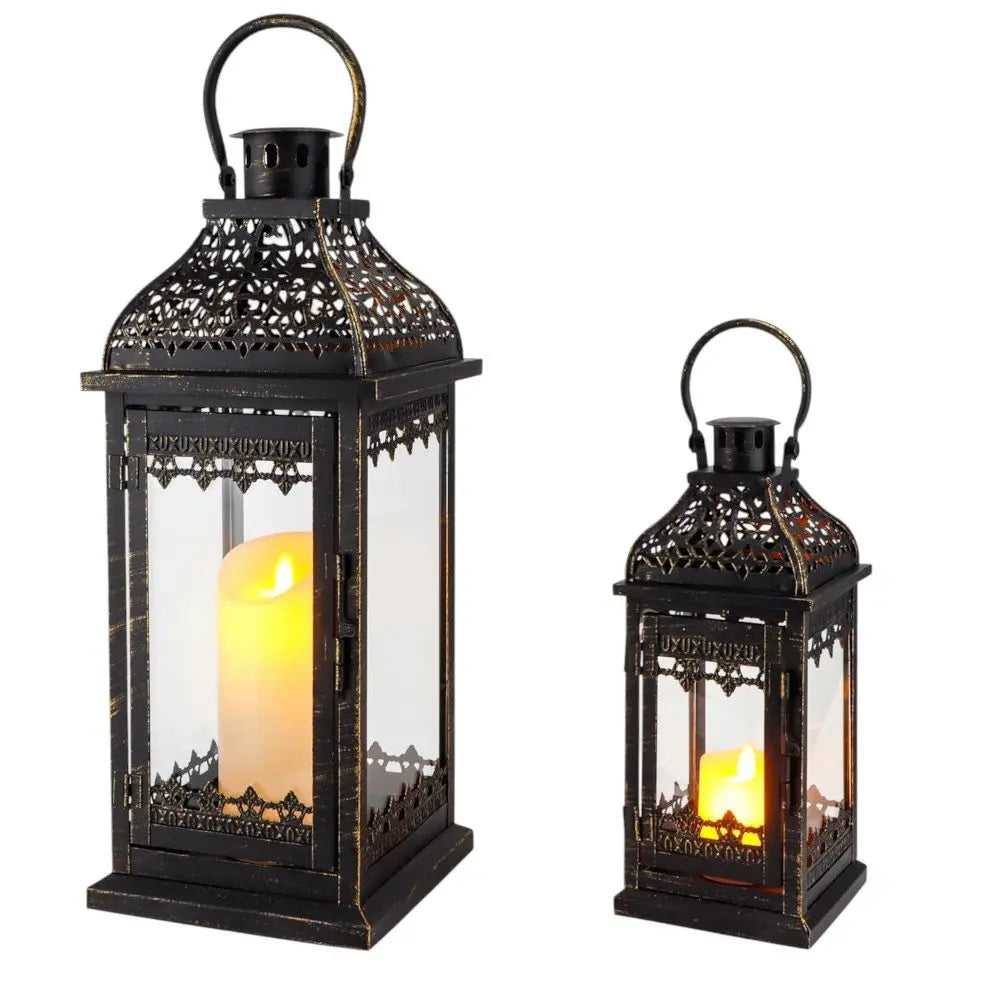 Set of Two Clear And Black Glass And Metal Tabletop Lantern Candle Holders HomeRoots