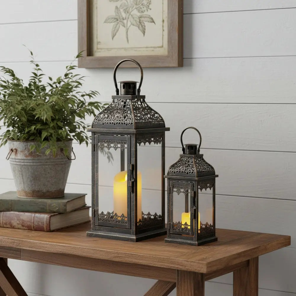 Set of Two Clear And Black Glass And Metal Tabletop Lantern Candle Holders HomeRoots