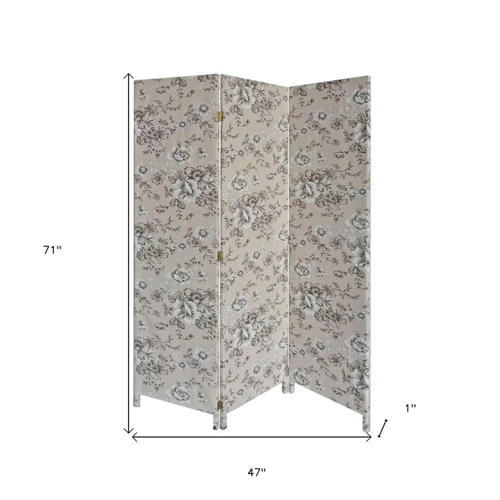 71" Beige and Black Fabric Folding Three Panel Screen Room Divider - NOBLE HOME INTERIORS