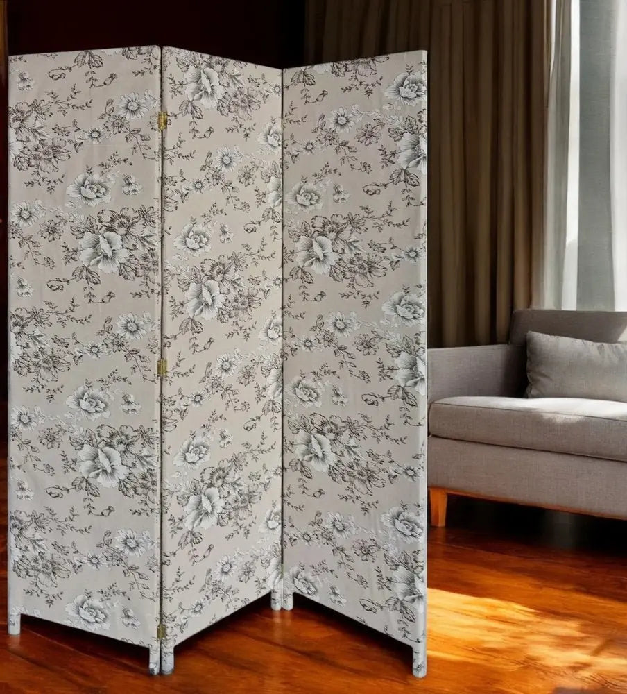 71" Beige and Black Fabric Folding Three Panel Screen Room Divider - NOBLE HOME INTERIORS