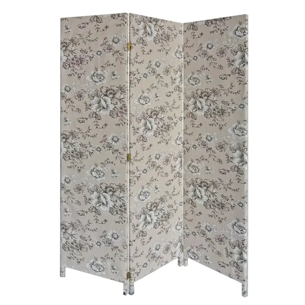 71" Beige and Black Fabric Folding Three Panel Screen Room Divider - NOBLE HOME INTERIORS