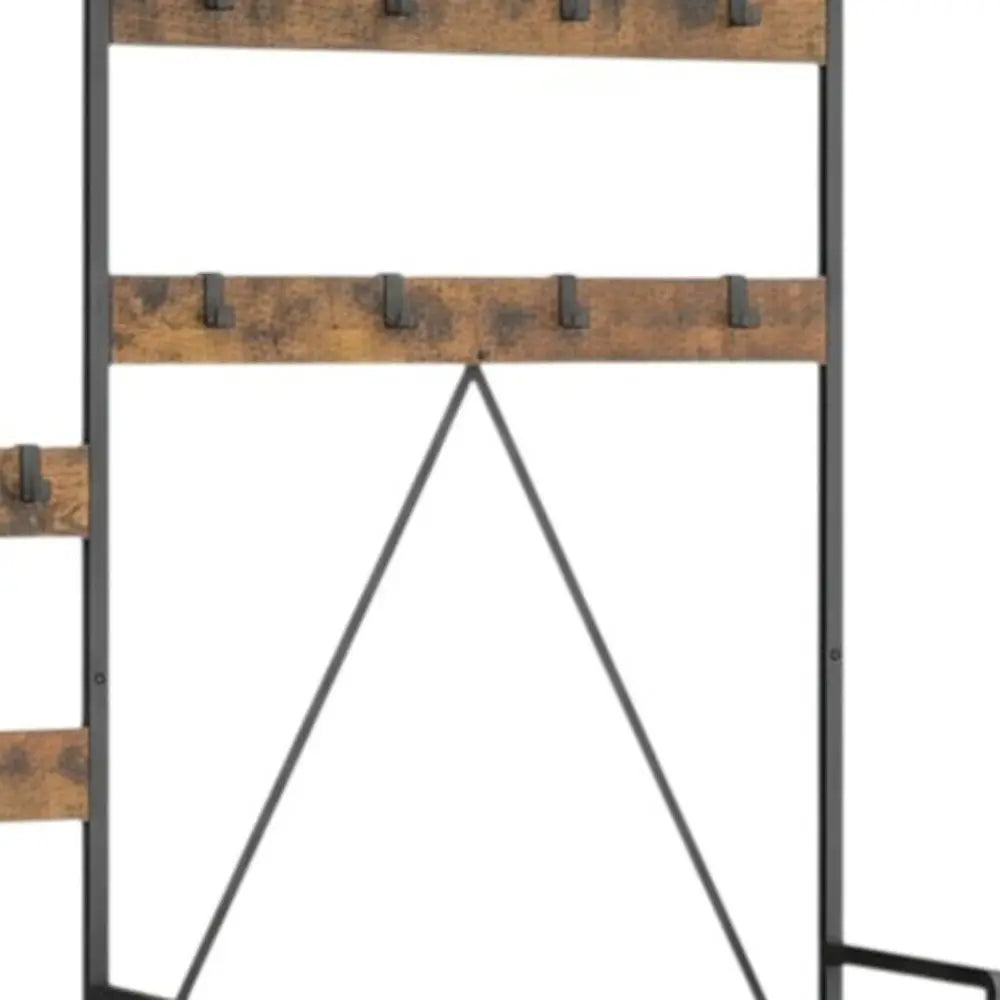 71" Black And Brown Rustic Ten Hook Coat Rack Storage Bench - NOBLE HOME INTERIORS