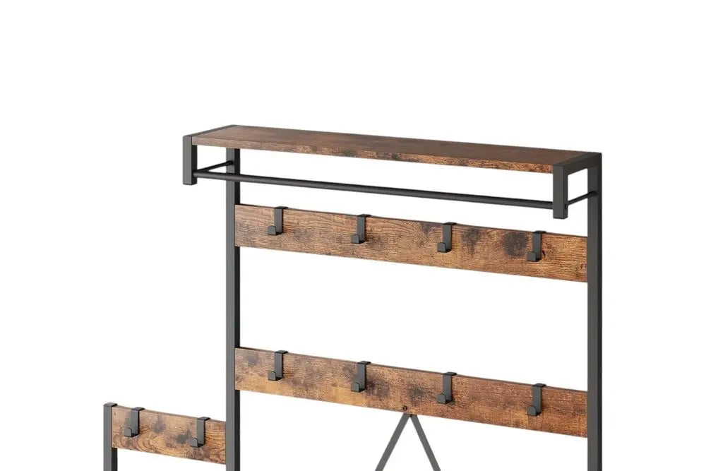71" Black And Brown Rustic Ten Hook Coat Rack Storage Bench - NOBLE HOME INTERIORS