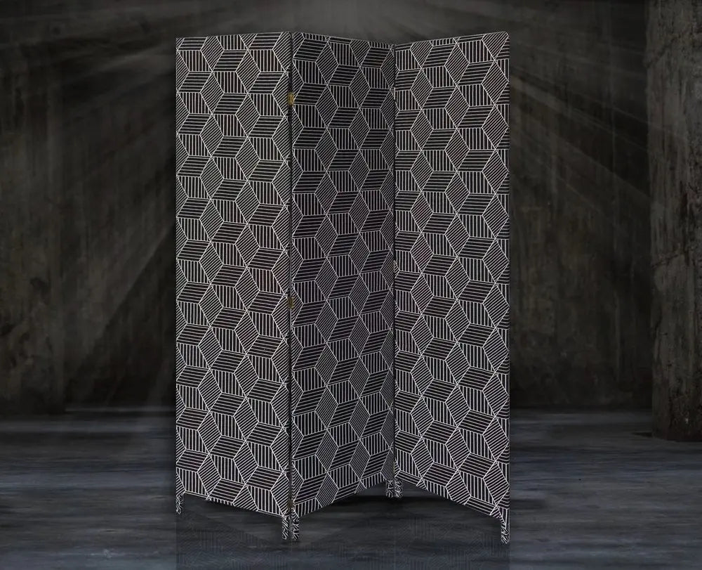 71" Black and White Fabric Folding Three Panel Screen Room Divider - NOBLE HOME INTERIORS