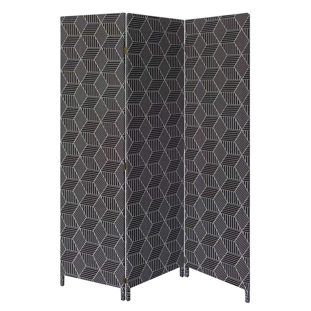 71" Black and White Fabric Folding Three Panel Screen Room Divider - NOBLE HOME INTERIORS