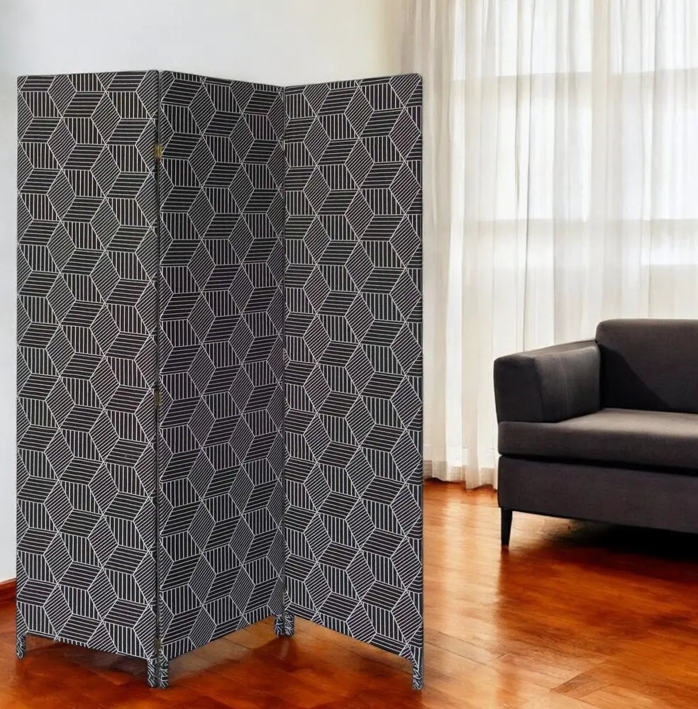71" Black and White Fabric Folding Three Panel Screen Room Divider - NOBLE HOME INTERIORS