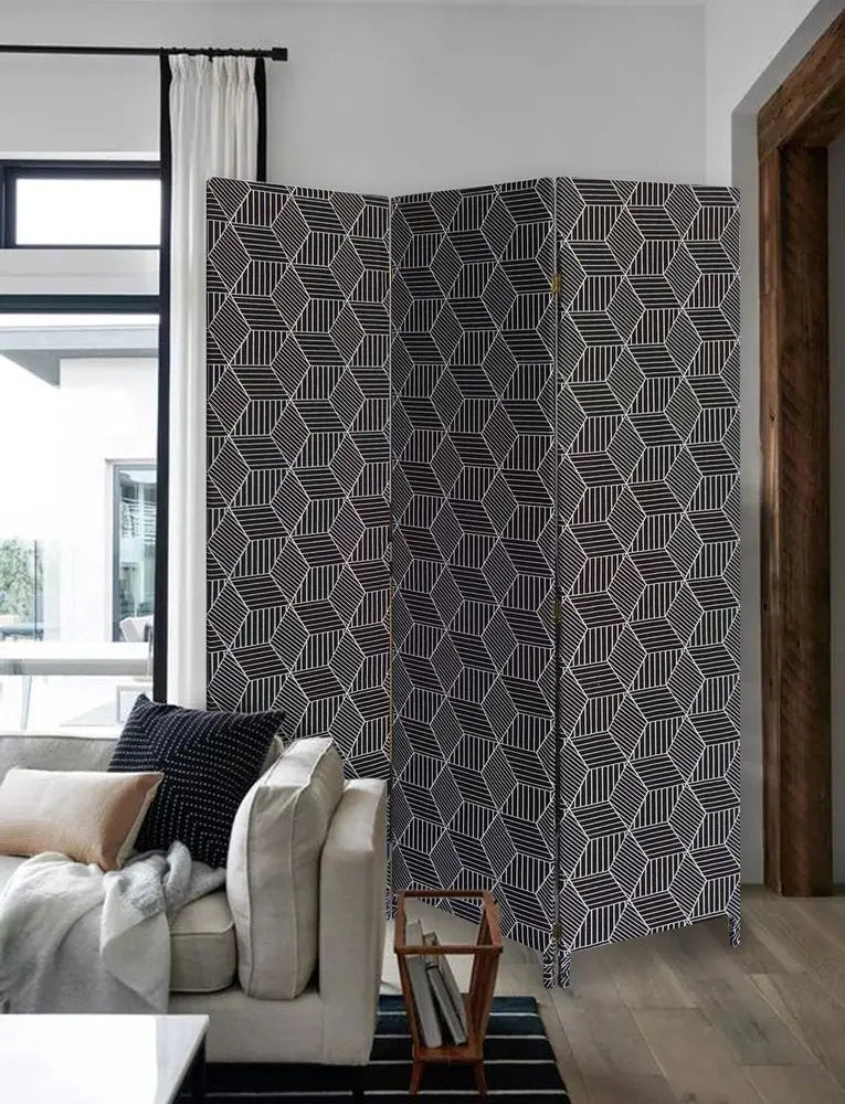 71" Black and White Fabric Folding Three Panel Screen Room Divider - NOBLE HOME INTERIORS