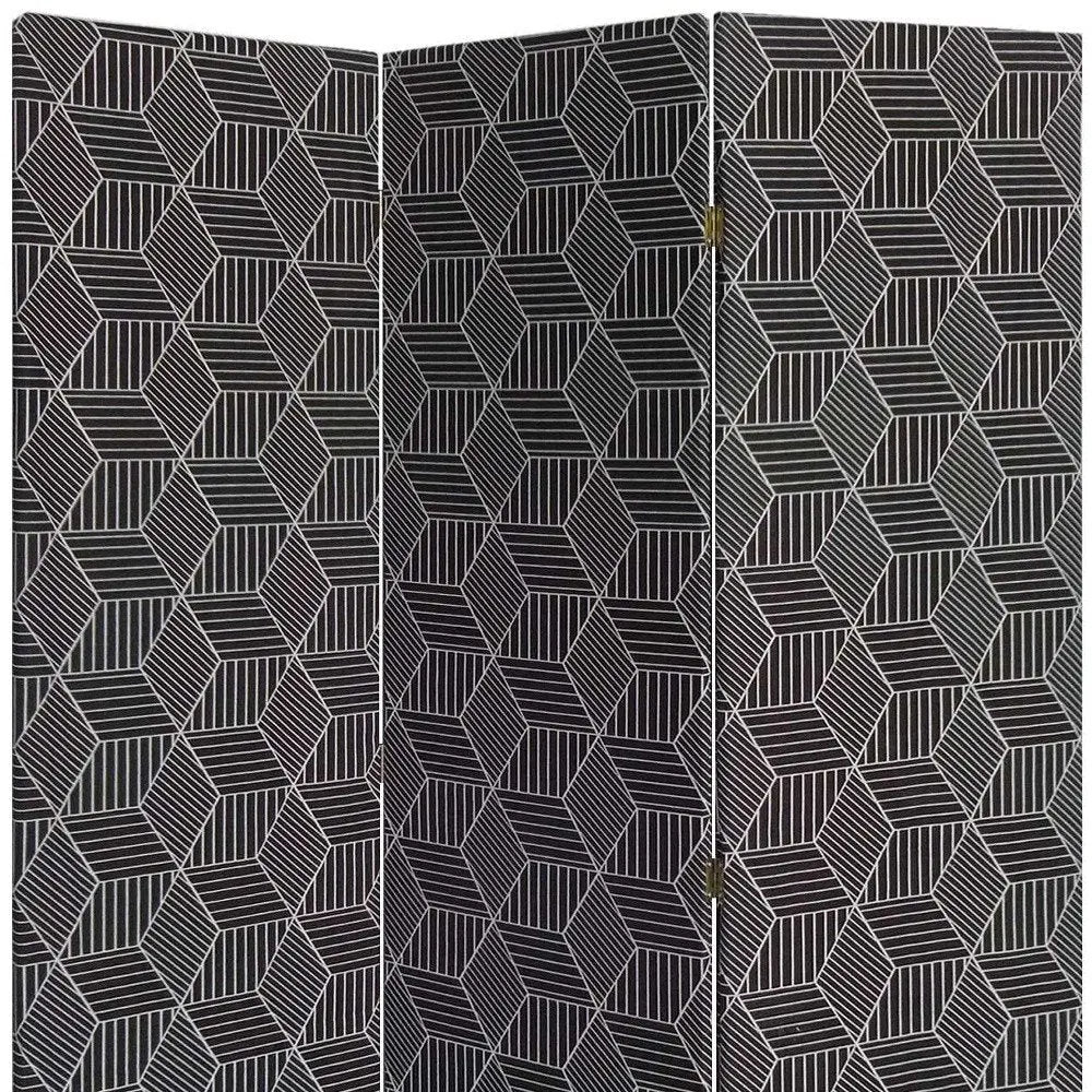 71" Black and White Fabric Folding Three Panel Screen Room Divider - NOBLE HOME INTERIORS