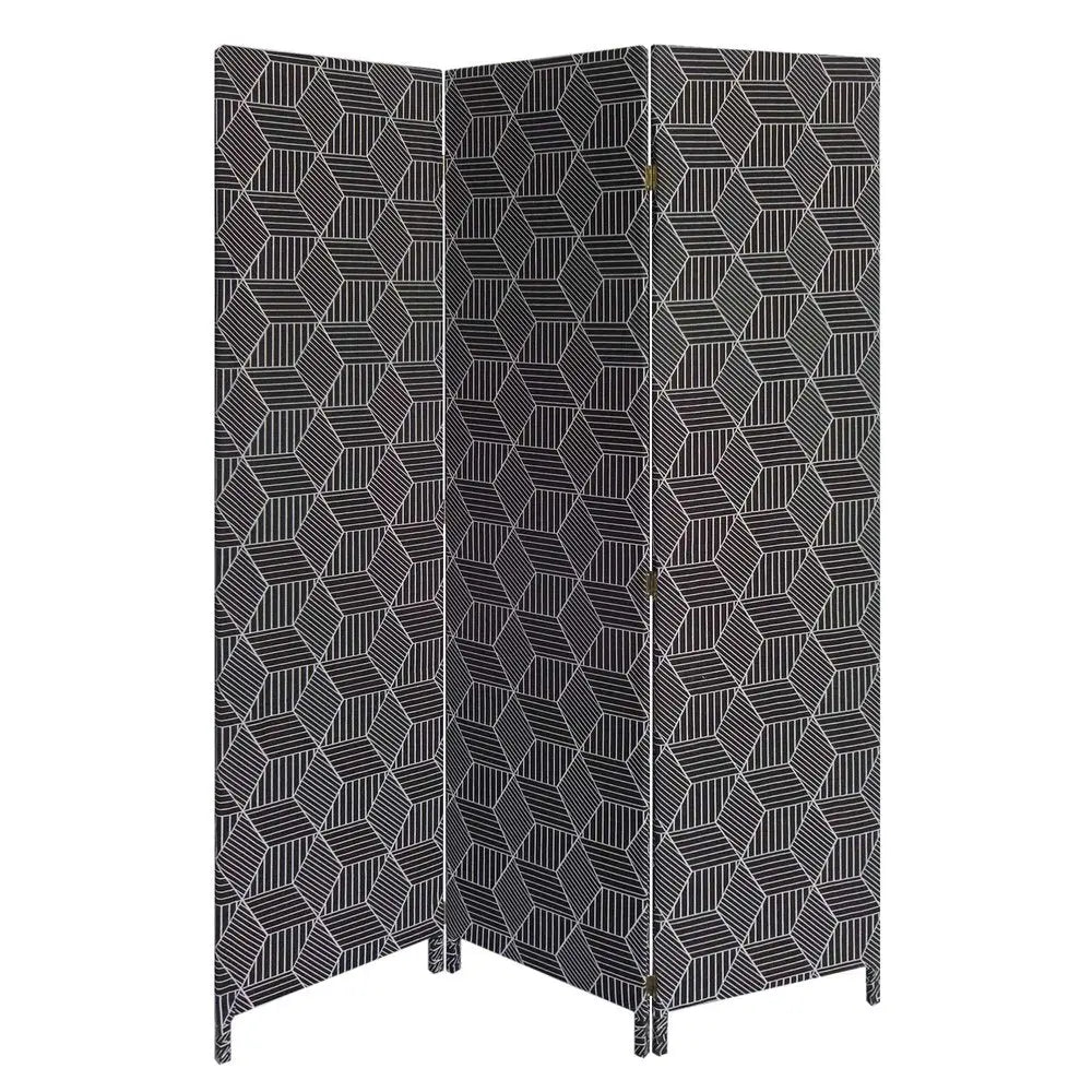 71" Black and White Fabric Folding Three Panel Screen Room Divider - NOBLE HOME INTERIORS