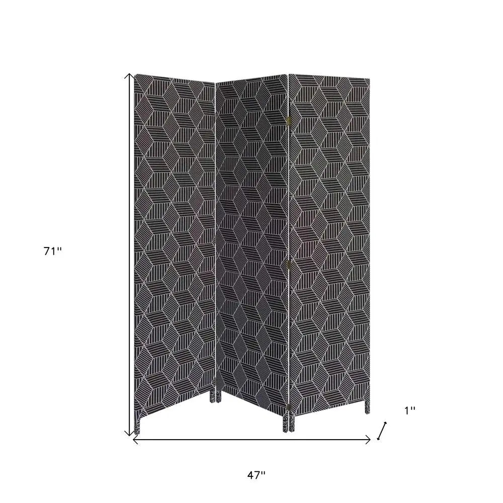 71" Black and White Fabric Folding Three Panel Screen Room Divider - NOBLE HOME INTERIORS