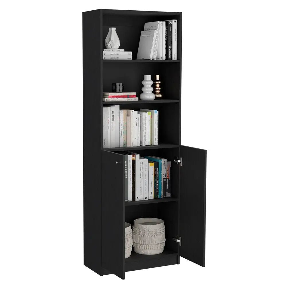 71" Black Five Tier Bookcase with Four Doors - NOBLE HOME INTERIORS
