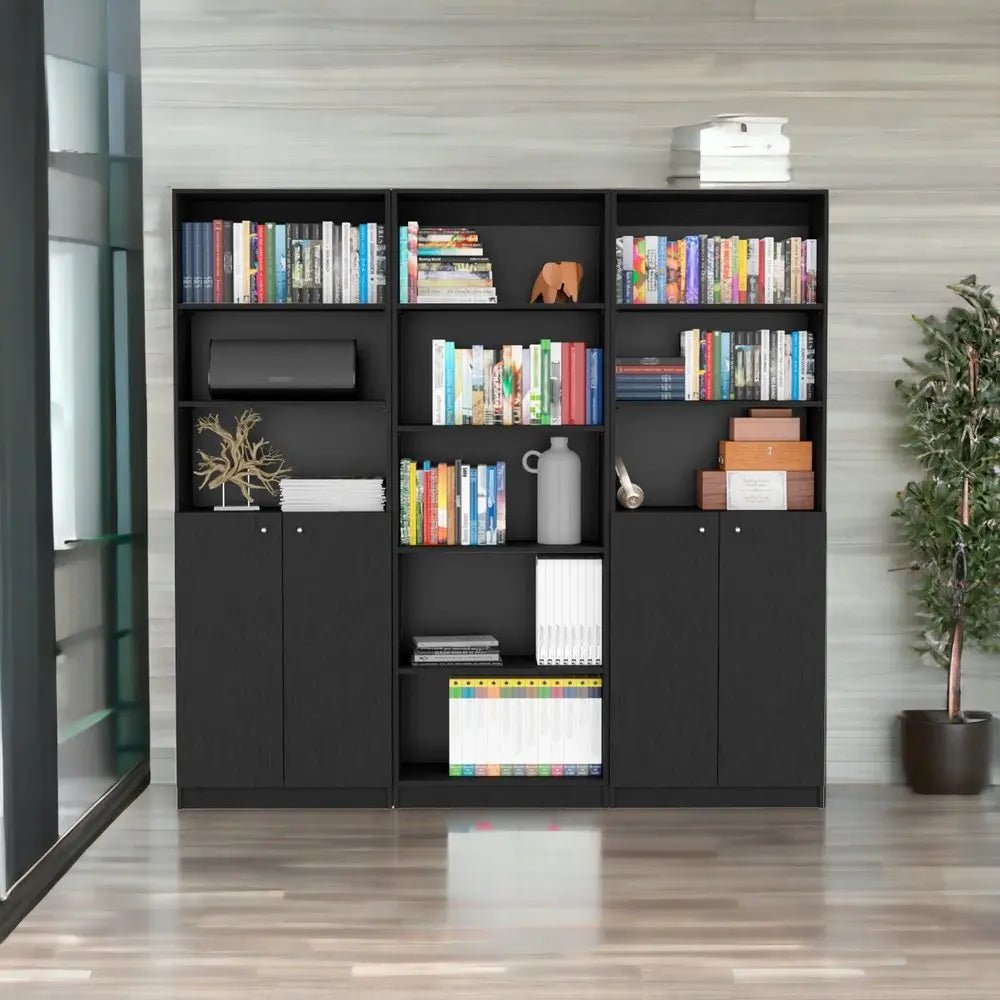 71" Black Five Tier Bookcase with Four Doors - NOBLE HOME INTERIORS