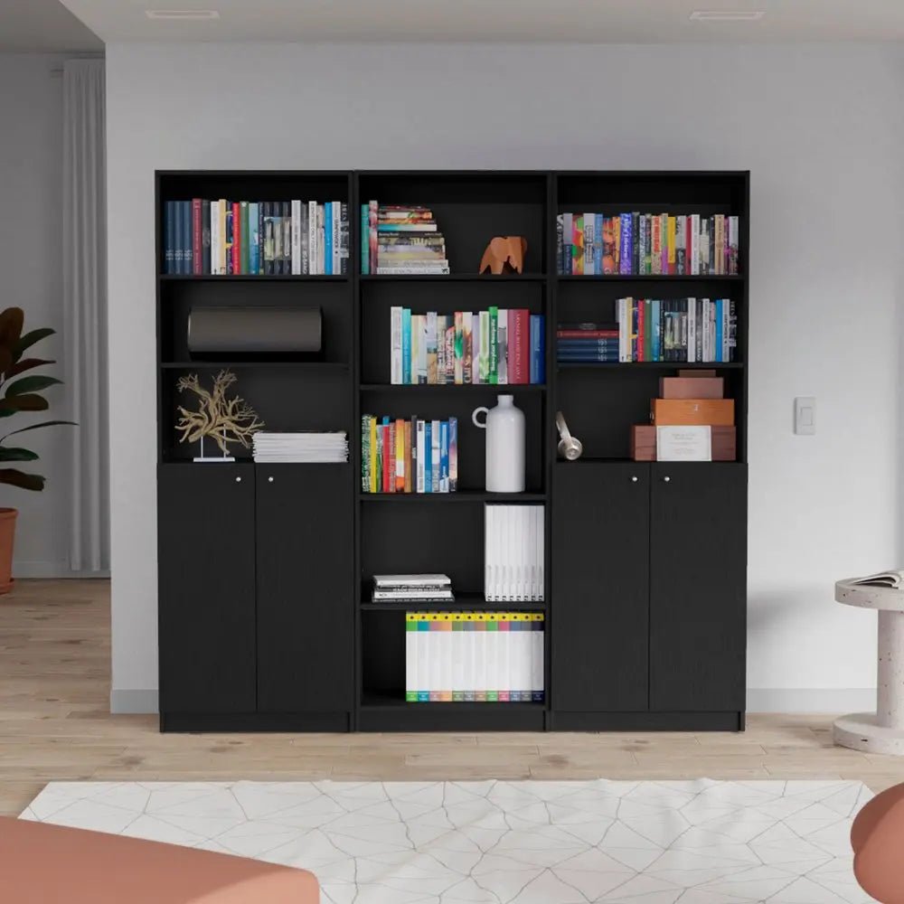 71" Black Five Tier Bookcase with Four Doors - NOBLE HOME INTERIORS