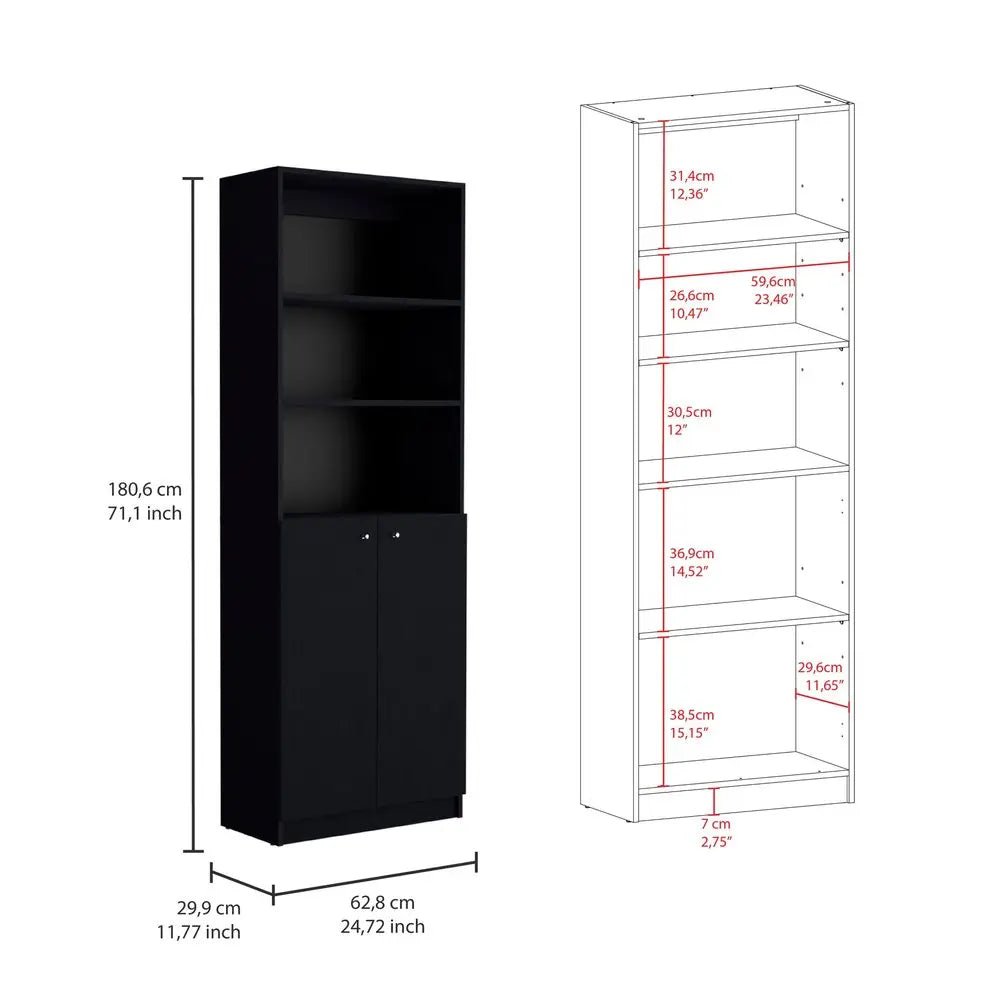 71" Black Five Tier Bookcase with Two doors HomeRoots