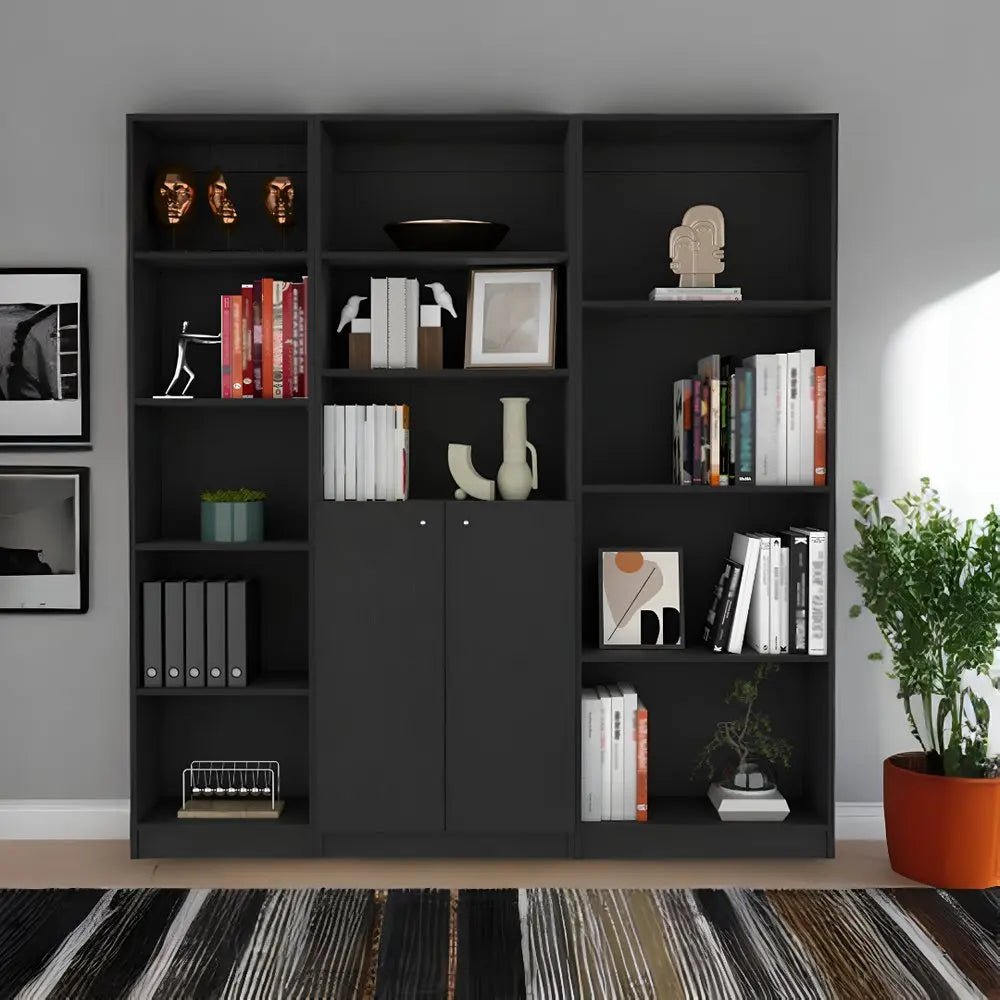 71" Black Five Tier Bookcase with Two doors - NOBLE HOME INTERIORS