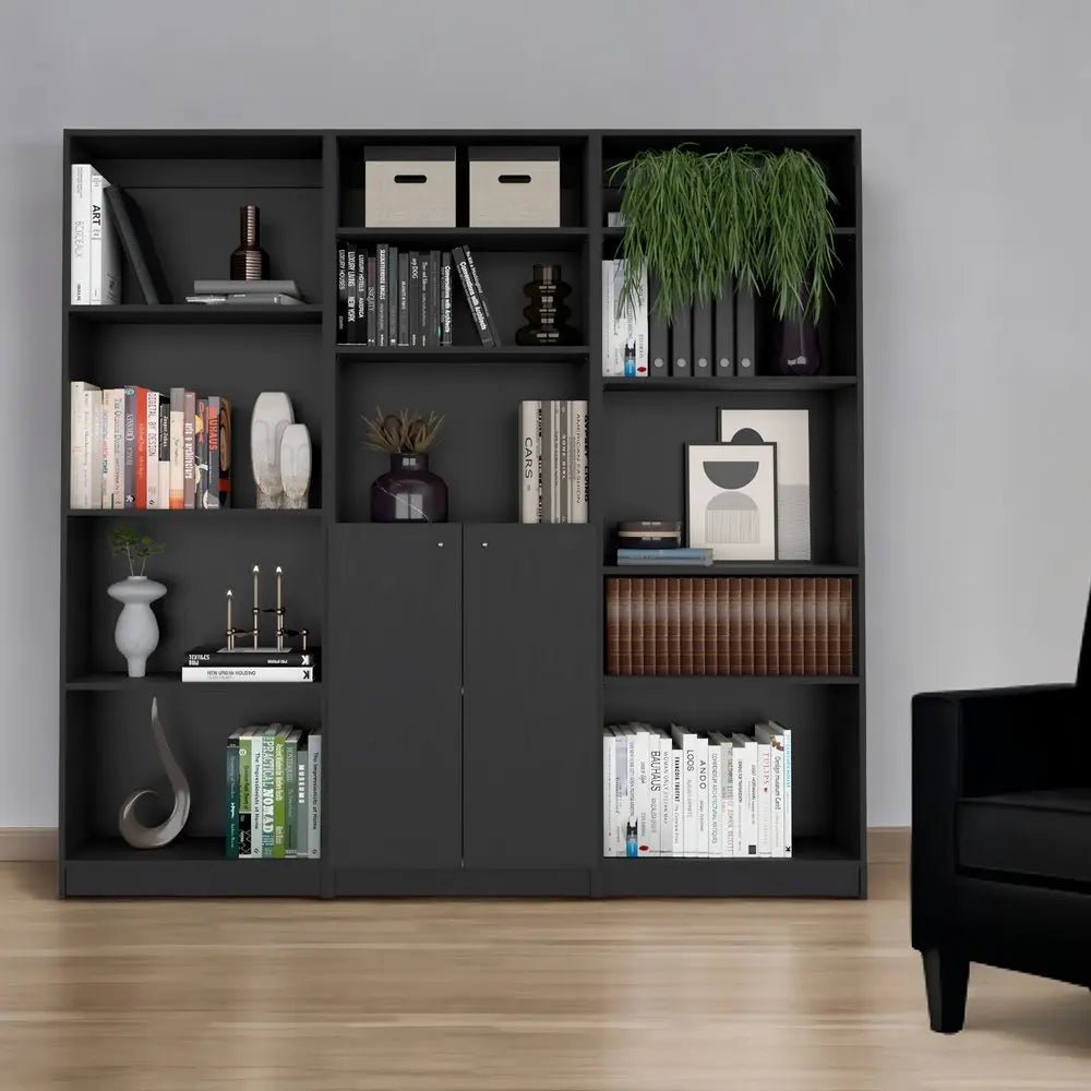 71" Black Five Tier Bookcase with Two doors - NOBLE HOME INTERIORS