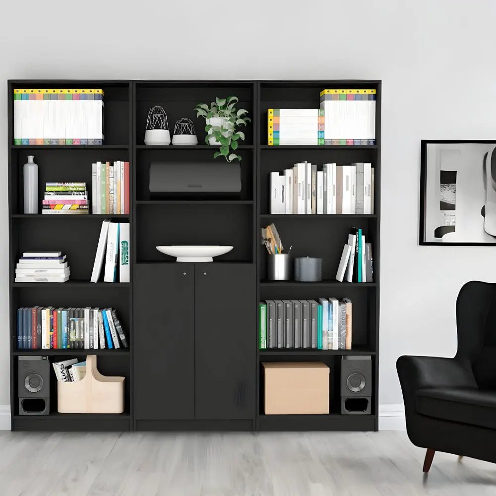 71" Black Five Tier Bookcase with Two doors - NOBLE HOME INTERIORS