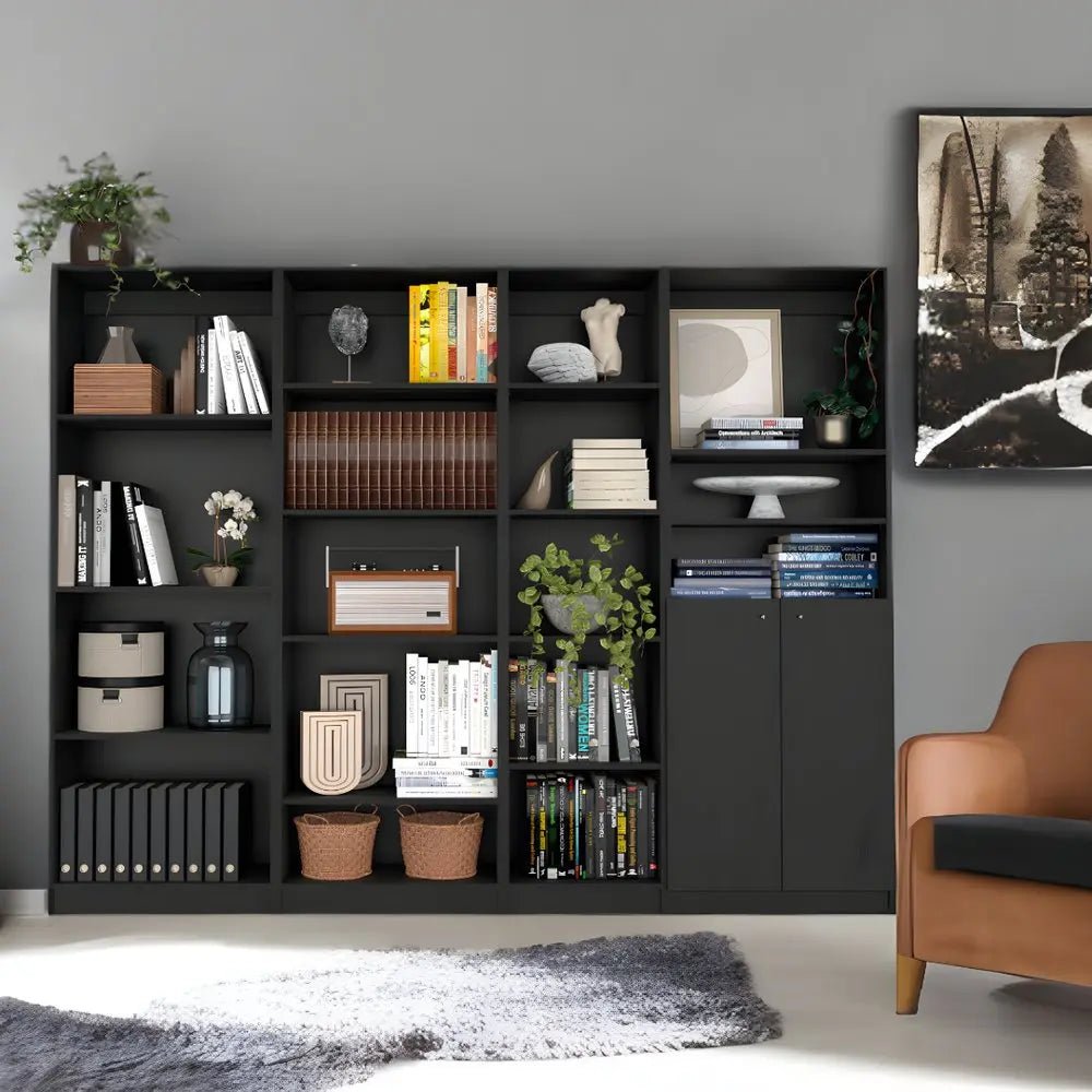 71" Black Four Tier Bookcase with Two Doors - NOBLE HOME INTERIORS