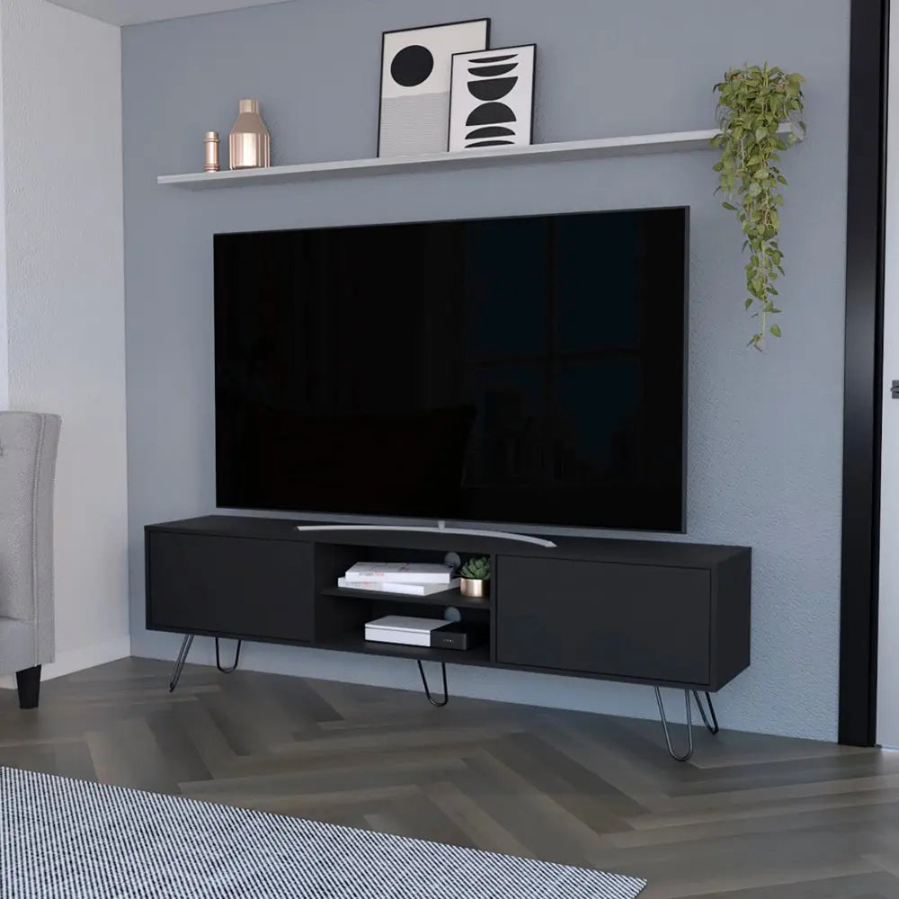 71" Black Wood Enclosed And Open Storage TV Stand - NOVA HOME FURNITURE