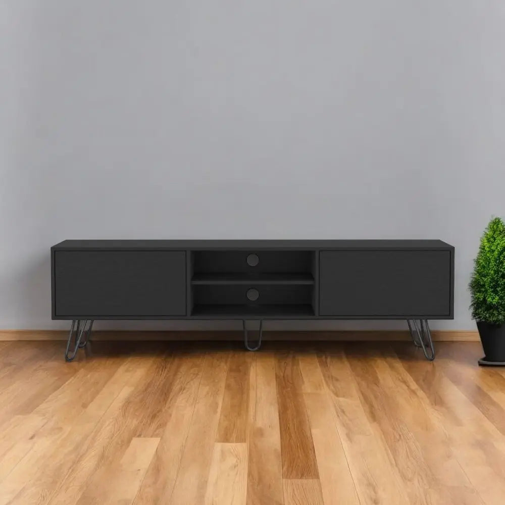 71" Black Wood Enclosed And Open Storage TV Stand - NOVA HOME FURNITURE