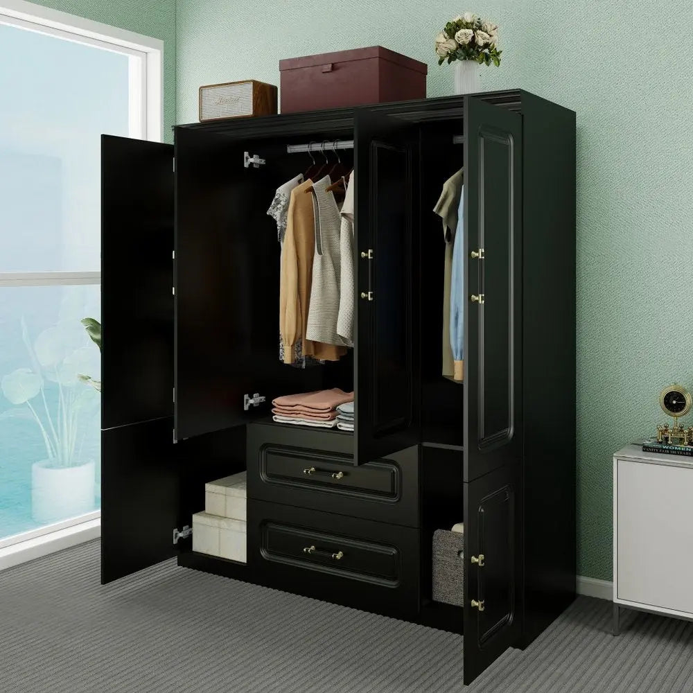 71" Black Wood Six Door Two Drawer Combo Dresser - NOBLE HOME INTERIORS