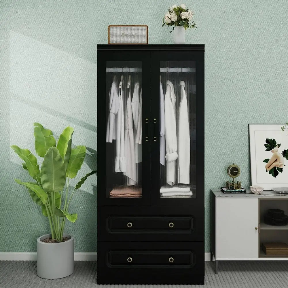 71" Black Wood Two Door Two Drawer Combo Dresser - NOBLE HOME INTERIORS