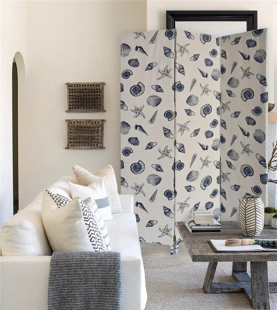 71" Blue and Beige Fabric Folding Three Panel Screen Room Divider - NOBLE HOME INTERIORS