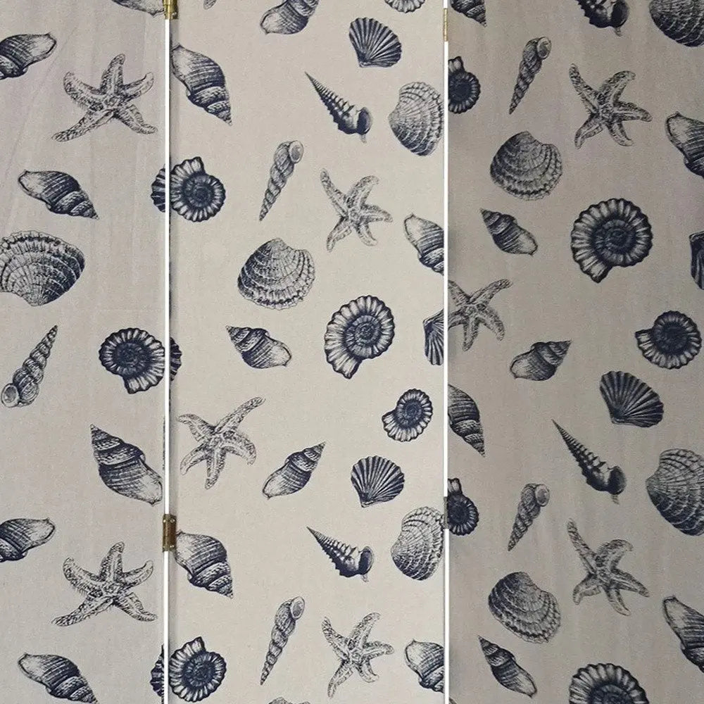 71" Blue and Beige Fabric Folding Three Panel Screen Room Divider - NOBLE HOME INTERIORS