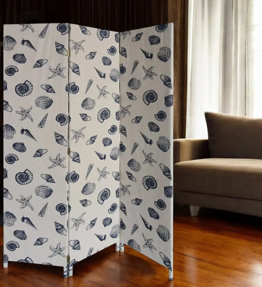 71" Blue and Beige Fabric Folding Three Panel Screen Room Divider - NOBLE HOME INTERIORS