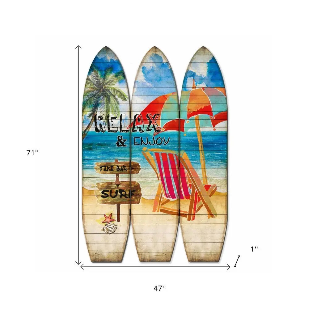 71" Blue and Beige Solid Wood Folding Three Panel Screen Room Divider - NOBLE HOME INTERIORS