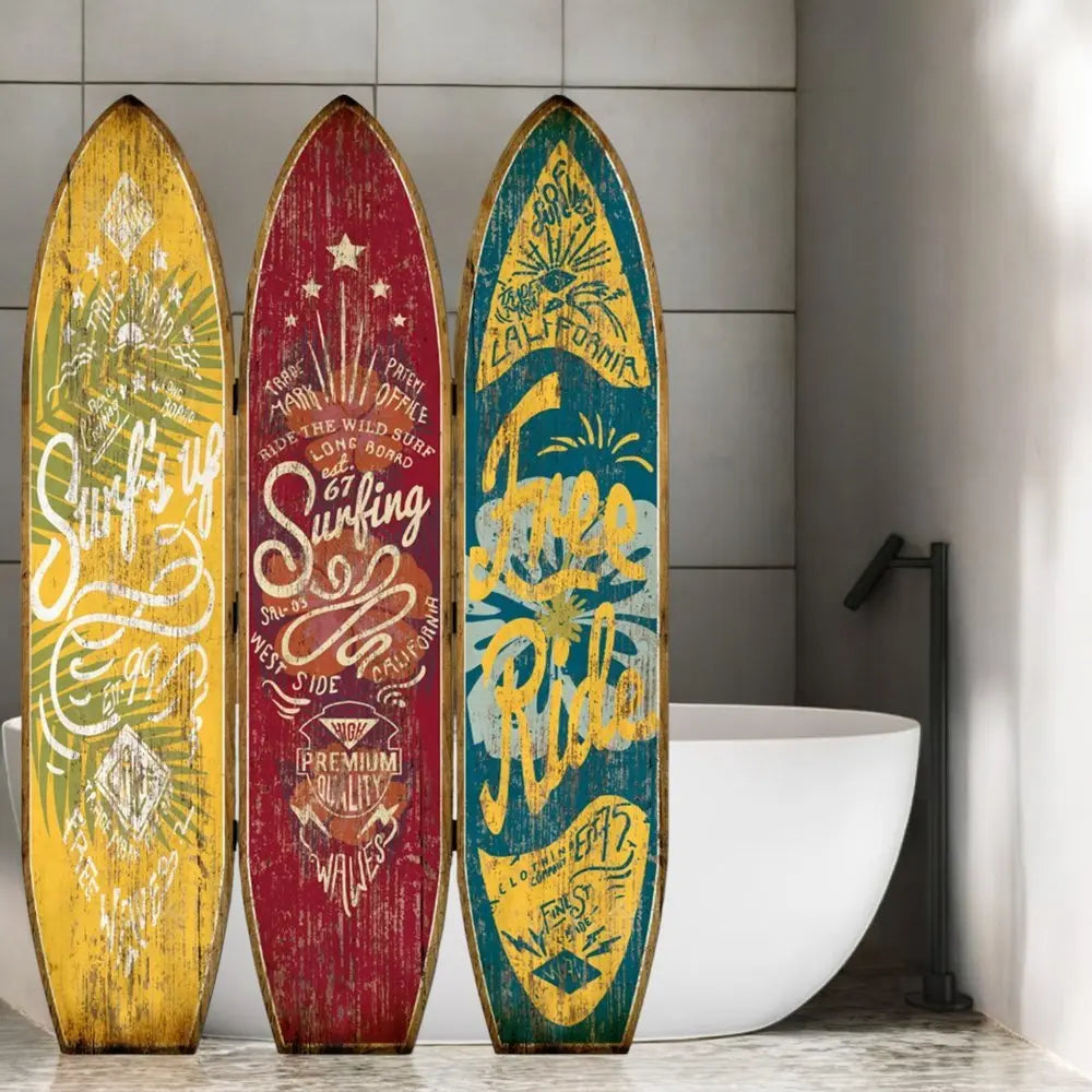 71" Blue Red and Yellow Solid Wood Folding Three Panel Screen Room Divider - NOBLE HOME INTERIORS